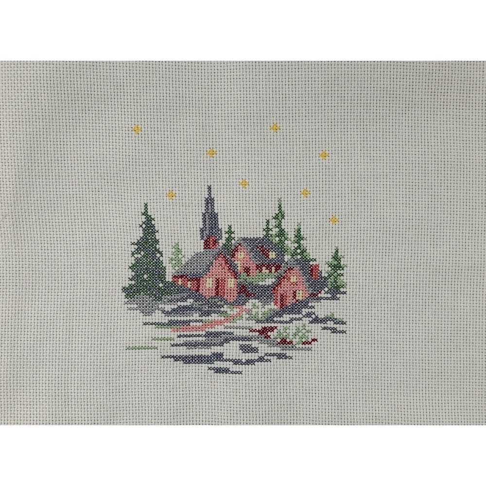 Handmade Needlepoint Christmas Village Scene Wall‎ Art Decor 15" x 18"